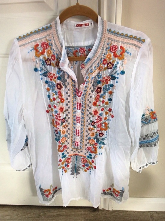 Johnny Was Tops - Johnny Was White Tunic with Multicolor Floral Embroidery